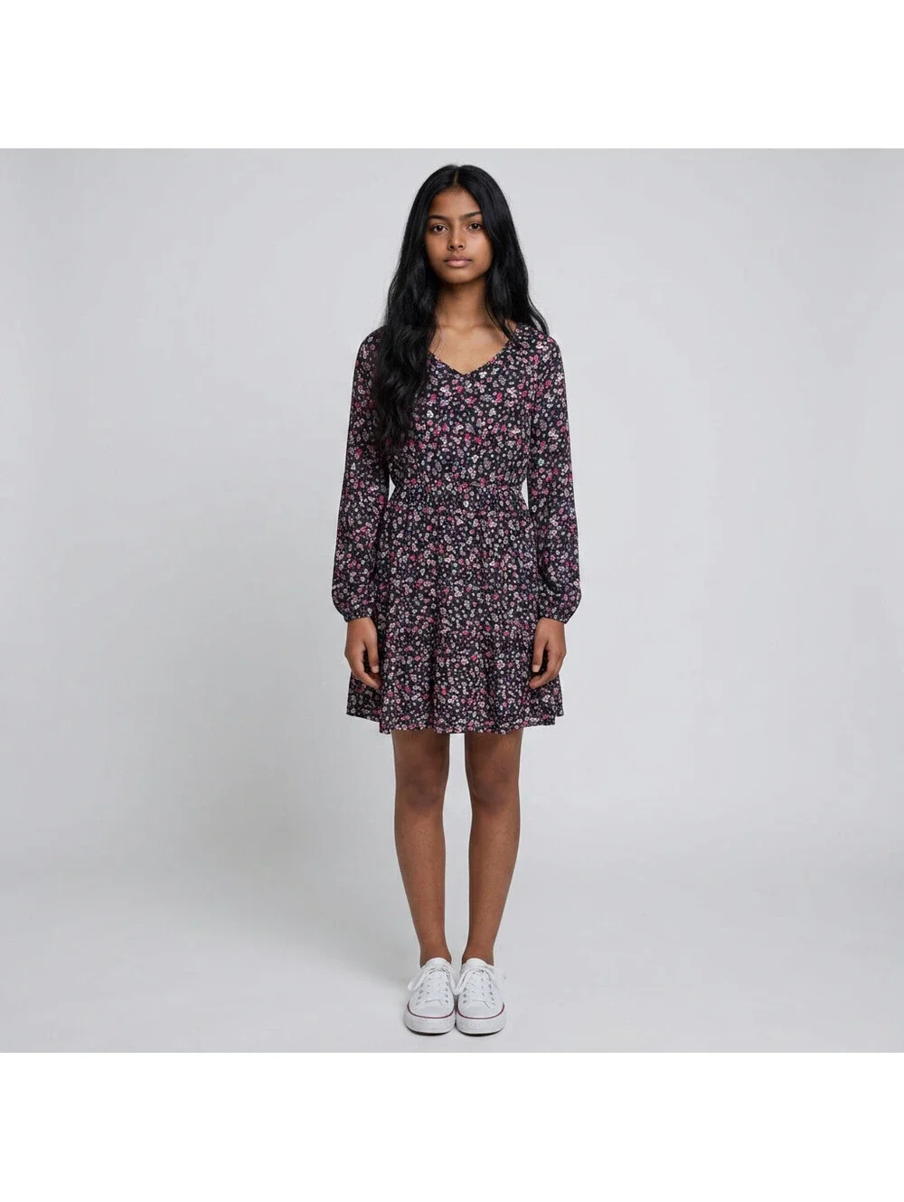 Carter's Dress Girls 8/8A Black Floral Sheath Short V-Neck Long Sleeve Casual
